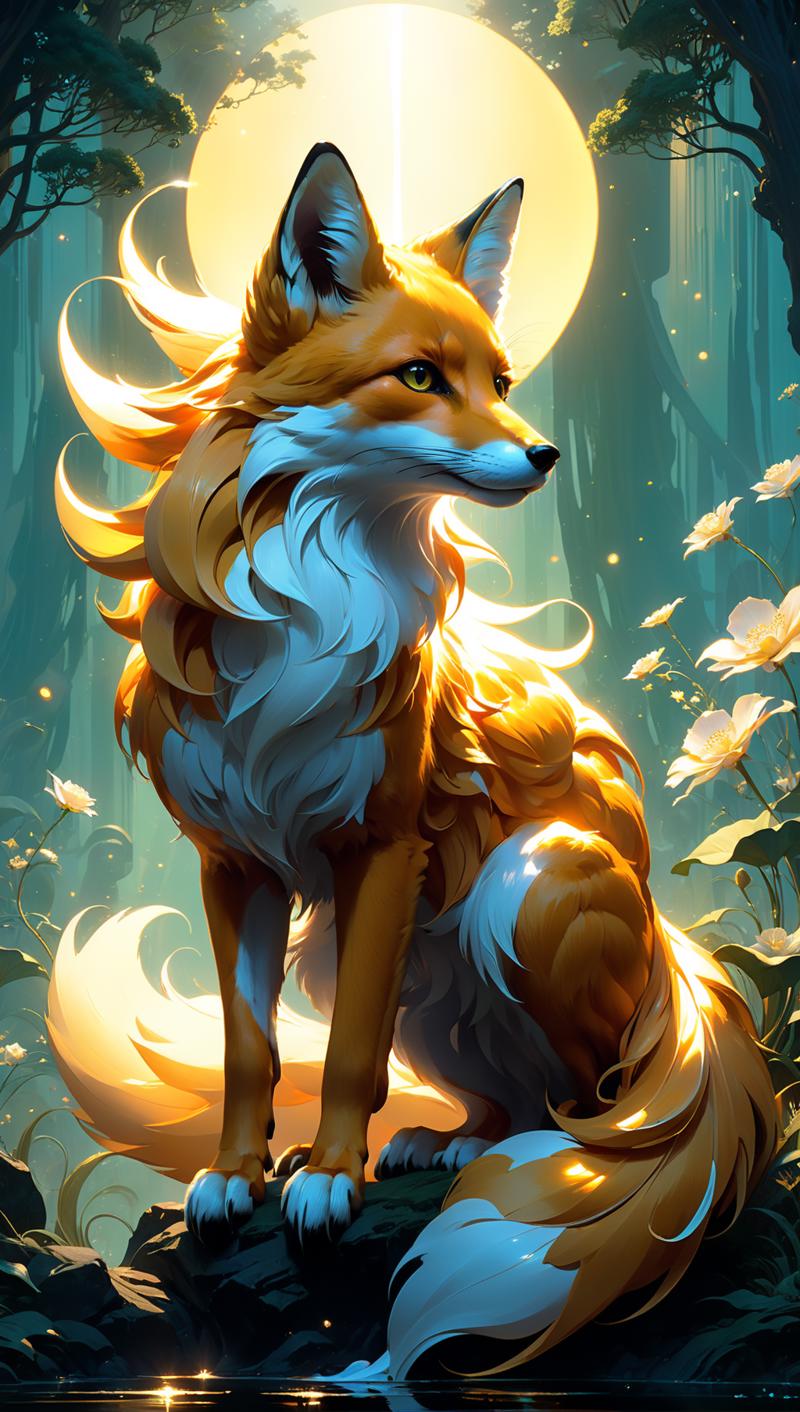 02142-1579132119-A stunningly ethereal Solar Exquisite fox nine tails, a mythical creature with iridescent golden skin and flowing tendrils of ra.png